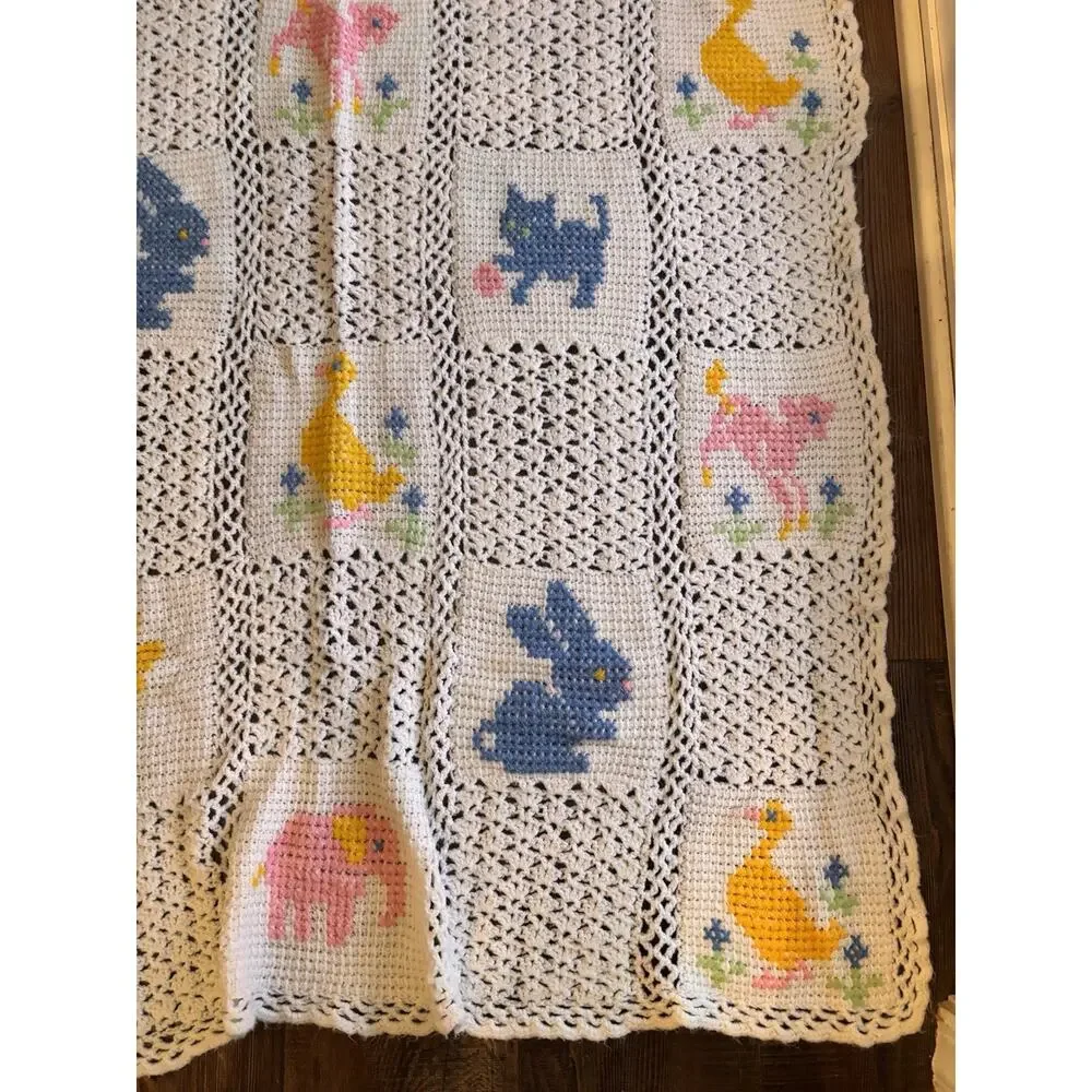 Vintage Crochet Baby Blanket Afghan Throw Blocks Squares Animals Nursery